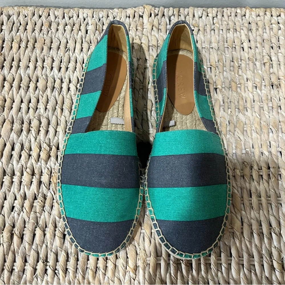 J. Crew Striped Canvas Slip-On Flat Espadrilles‎ Navy Kelly Green AW595 7 NIB